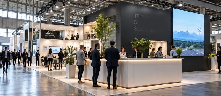 Stand contemporaneo con visitatori in una fiera italiana
